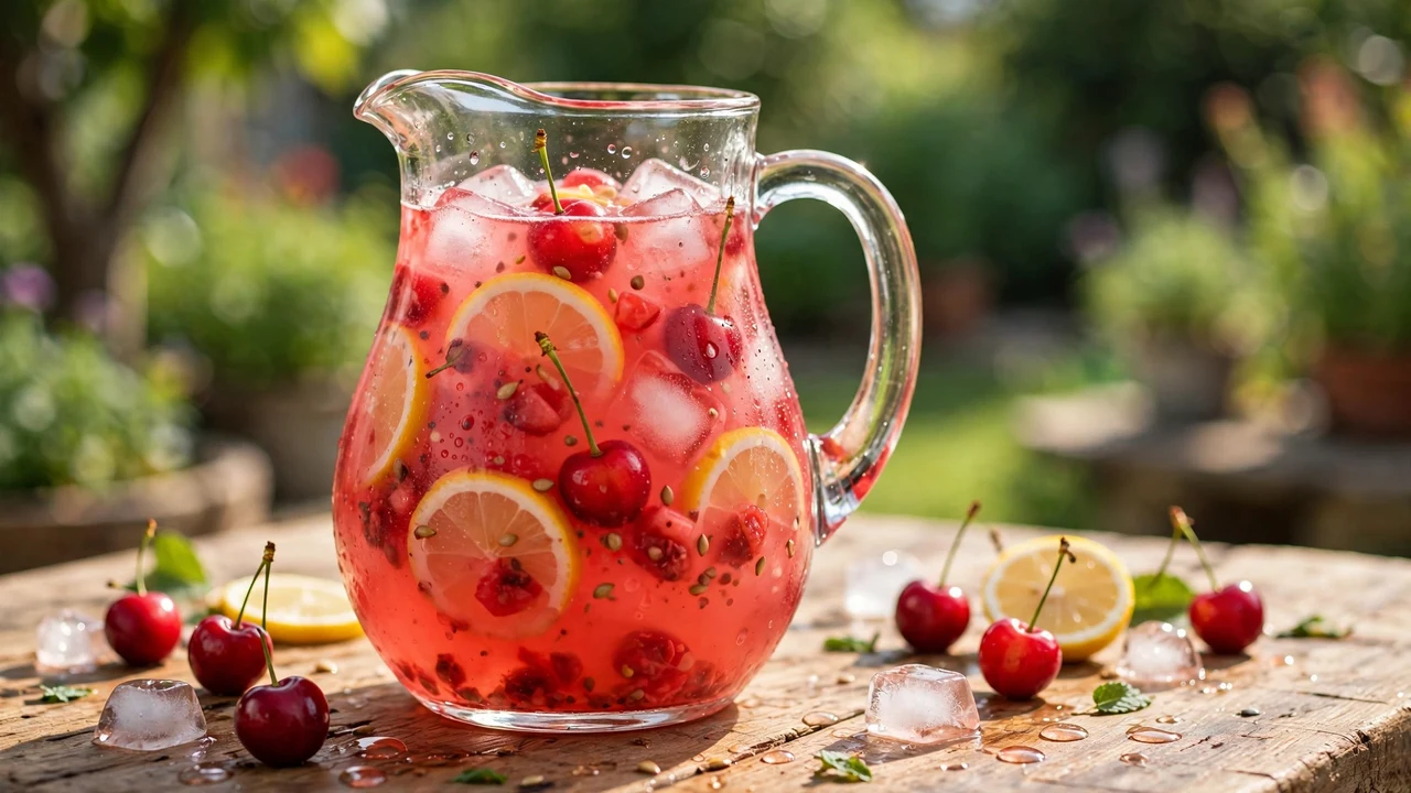 Tall pitcher of cherry lemonade with lemon slices and fresh cherries — Torani Cherry Syrup recipe idea