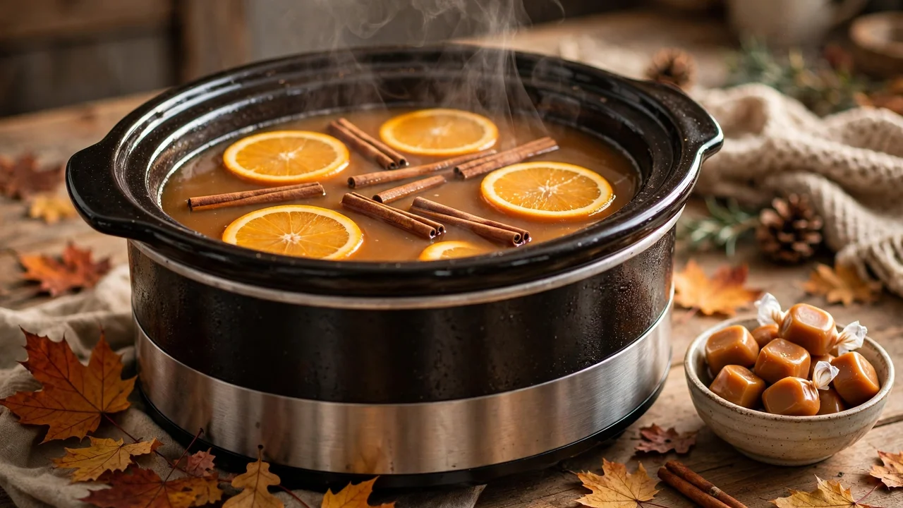 Slow-cooker caramel apple cider with Torani syrup — a cozy Torani Thanksgiving drink for a crowd