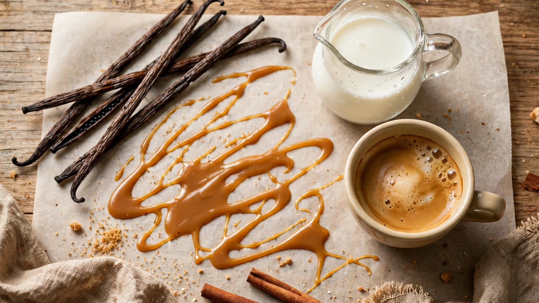 Vanilla beans, caramel drizzle and coffee beans — copycat Starbucks vanilla latte ingredients