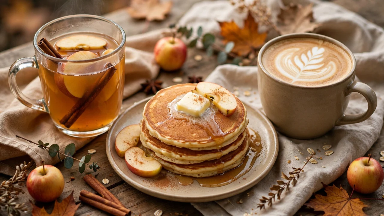 Warm Torani maple apple cider with apple slice and cinnamon stick beside pancakes and a maple latte on a fall brunch table