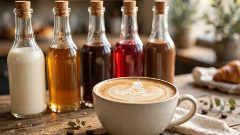 Row of popular Torani syrup bottles in vanilla, caramel, hazelnut, raspberry and chocolate flavors with a latte art coffee cup on a cafe counter