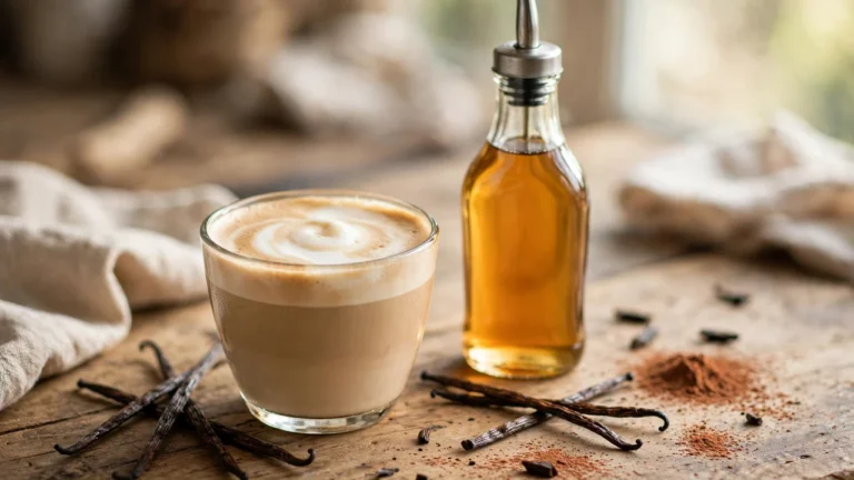 Torani French Vanilla Syrup bottle beside a creamy French vanilla latte on a rustic table