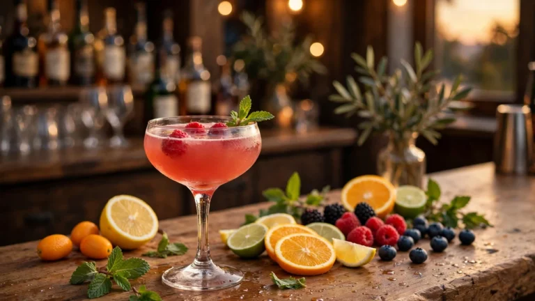Colorful cocktails made with Torani syrup on a bar counter with fresh citrus, mint, and berries