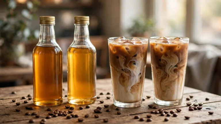Two syrup bottles beside homemade iced coffee lattes on a café table — Torani vs Starbucks syrups compared