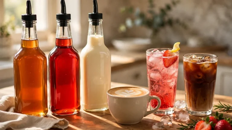 Torani syrup bottles being used to flavor a latte, Italian soda, and iced coffee