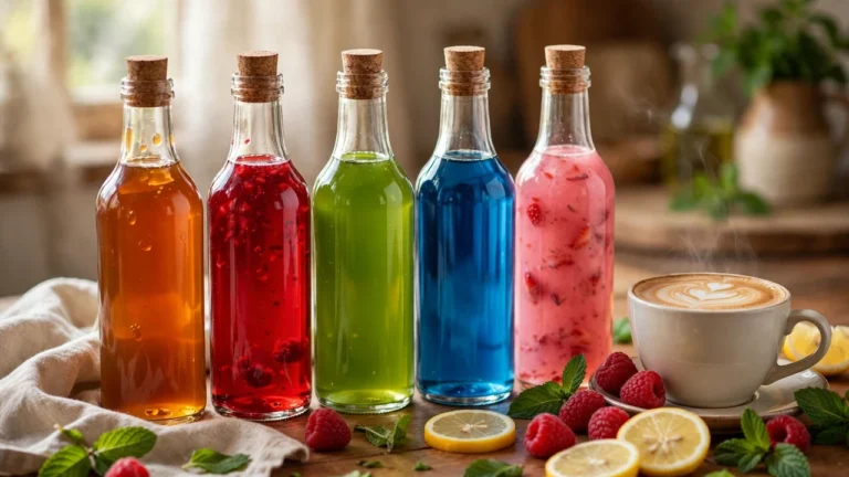 Colorful lineup of Torani-style syrup bottles in assorted flavors beside coffee and fresh fruit — complete list of Torani syrup flavors.