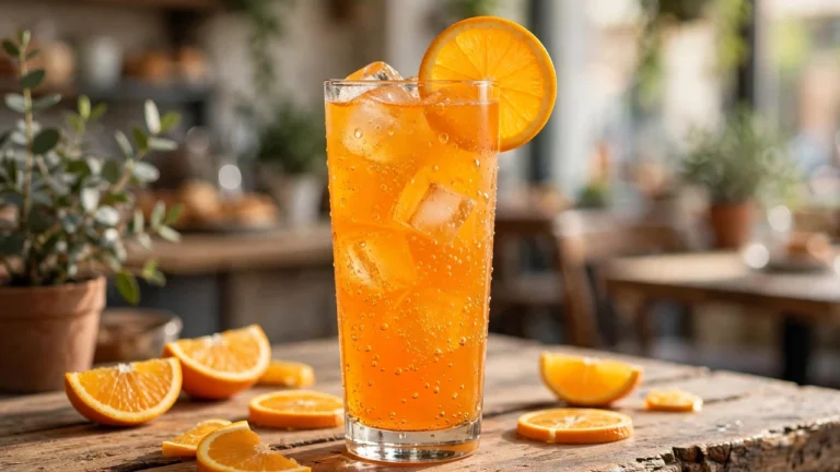 Glass of orange Italian soda made with Torani orange syrup, garnished with a fresh orange slice and ice