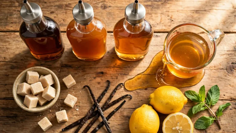 Torani syrup bottles with ingredients flat lay showing cane sugar, vanilla beans and fruit on a kitchen counter
