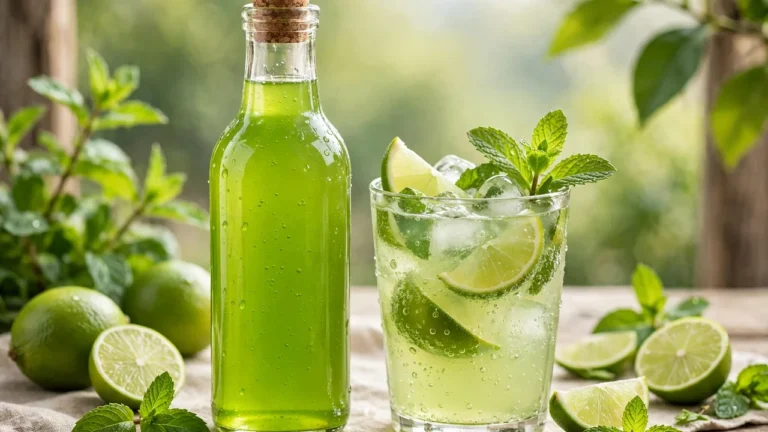 Glass of homemade limeade made with Torani Lime Syrup, garnished with fresh lime wedges and mint