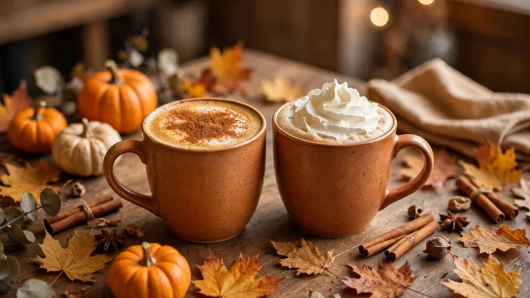 Torani Pumpkin Spice vs Pumpkin Pie comparison with two autumn lattes, pumpkins and cinnamon sticks