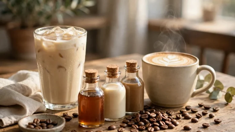 Sugar-free iced coffee latte with Torani-style syrup bottles for the best sugar-free Torani syrups for coffee
