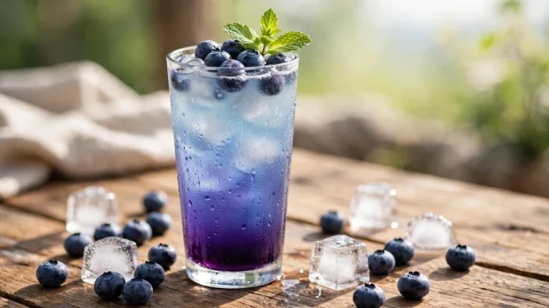 Glass of iced blueberry lemonade made with Torani blueberry syrup, garnished with fresh blueberries and mint