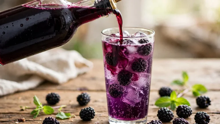 Torani Blackberry Syrup 750ml bottle with a blackberry Italian soda