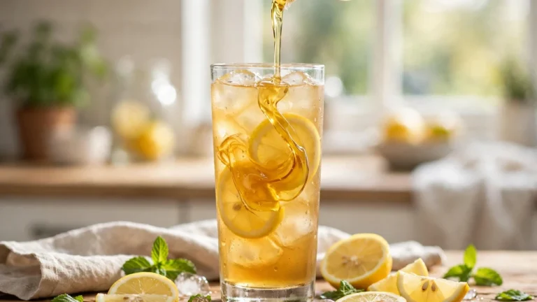 Torani Lemon Syrup Review: Price, Recipes & Nutrition 10 Iced lemon tea with a swirl of Torani Lemon Syrup, fresh lemon slices and mint