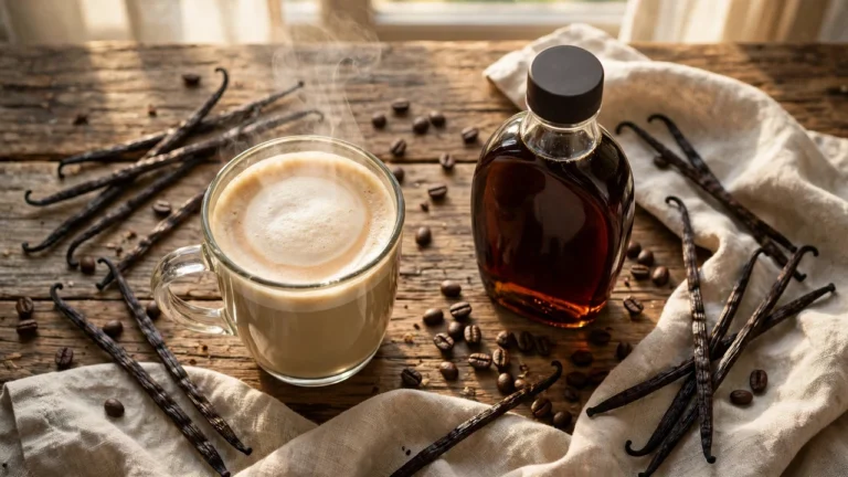 Steaming keto coffee latte with a Torani sugar-free syrup bottle, vanilla beans and coffee beans on a rustic wooden table