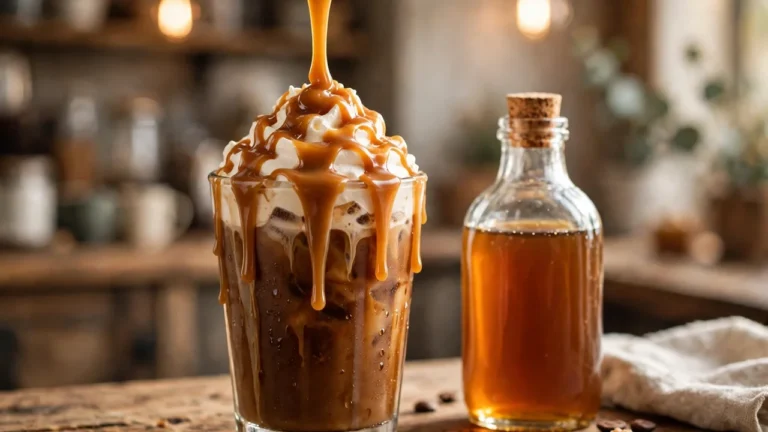 Caramel sauce drizzling over iced coffee beside a bottle of Torani syrup — torani sauce vs syrup comparison