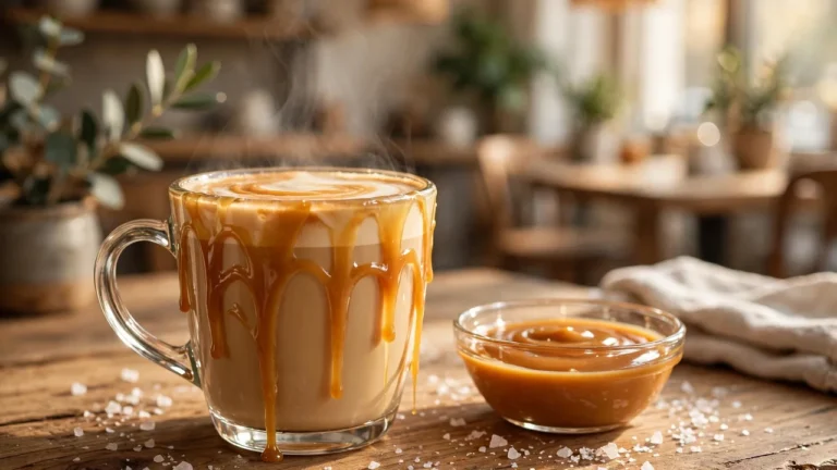 Steaming salted caramel latte in a clear glass mug drizzled with caramel sauce, sea salt crystals, and a bowl of caramel sauce beside it