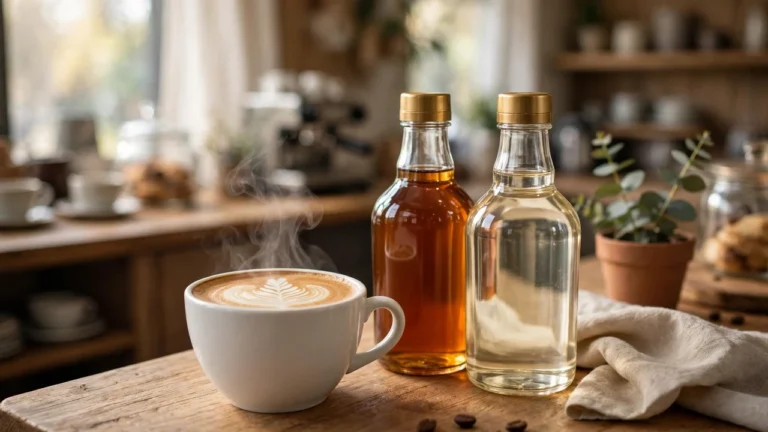 Home coffee bar with a latte and syrup bottles illustrating whether Starbucks uses Torani syrup