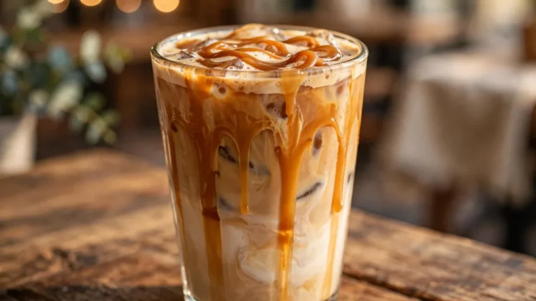Iced caramel latte with caramel drizzle on a wooden table — Torani Classic Caramel Syrup review