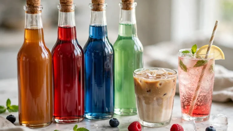 Torani syrup bottles with coffee showing vegan, halal and kosher dietary labels