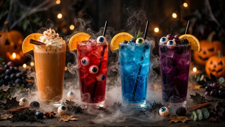 Four spooky Torani Halloween drinks with eyeball candy garnishes and pumpkins — vampire punch, blue elixir and pumpkin spice latte mocktails