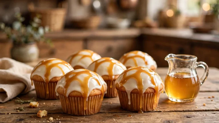 Baking with Torani syrup — vanilla cupcakes with caramel syrup drizzle on a rustic wooden table