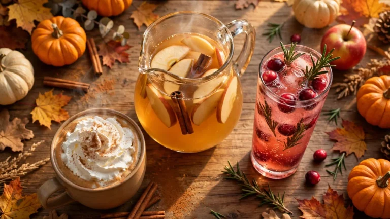 Torani Thanksgiving drinks spread — pumpkin-spice latte, hot apple cider, and cranberry spritzer with fall syrups on a rustic holiday table