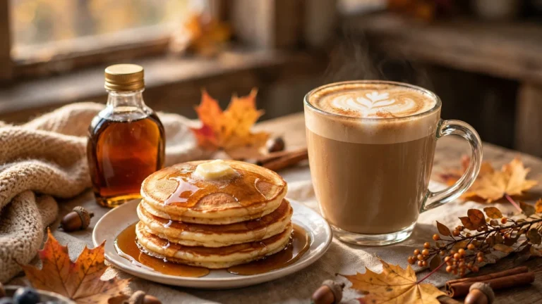 Cozy fall breakfast table with a Torani maple latte, golden pancakes with maple drizzle, autumn leaves and an amber syrup bottle in warm morning light