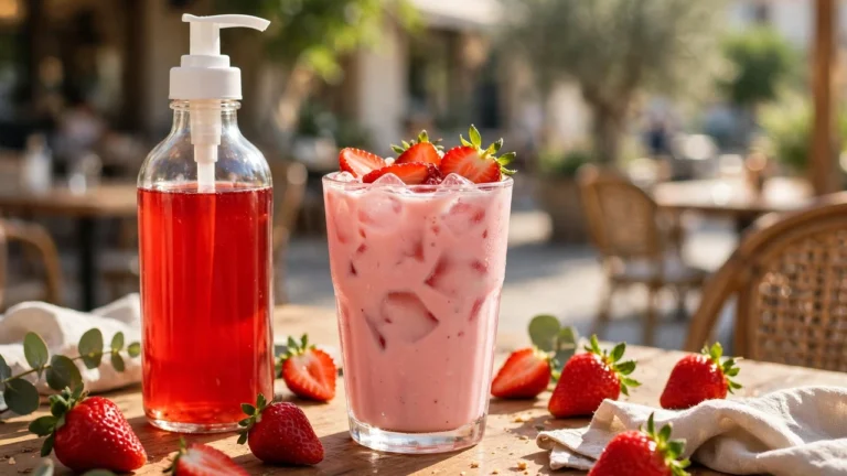 Torani strawberry syrup bottle beside a strawberry Italian soda, strawberry lemonade and strawberry iced latte