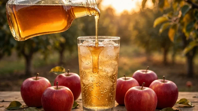 Torani Apple Syrup being poured into a sparkling apple drink with fresh red apples