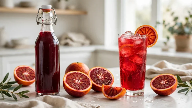Bottle of Torani Blood Orange Syrup beside fresh blood oranges and a ruby-red Italian soda