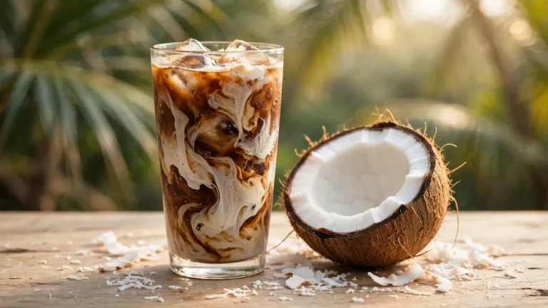Torani Coconut Syrup: Price, Nutrition & Recipes 4 Iced coconut latte with fresh coconut on a wooden table — Torani Coconut Syrup