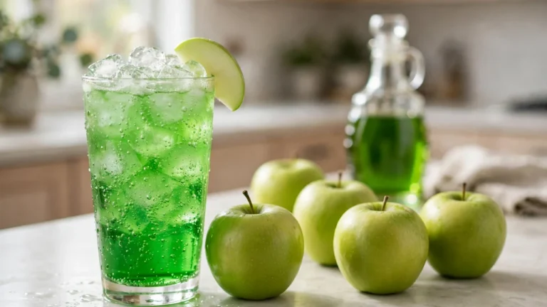 Tall glass of green apple Italian soda made with Torani Green Apple Syrup, with green apple slices
