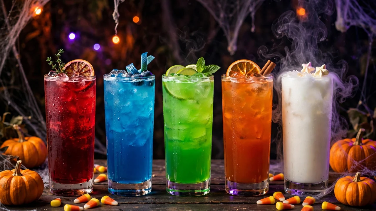 Spooky Torani Halloween drinks lineup with red, blue, green, orange and white party mocktails on a dark table with pumpkins