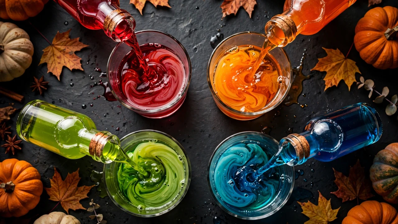 Torani Halloween drink color mixing chart visual with red, orange, green and blue syrups being poured into glasses