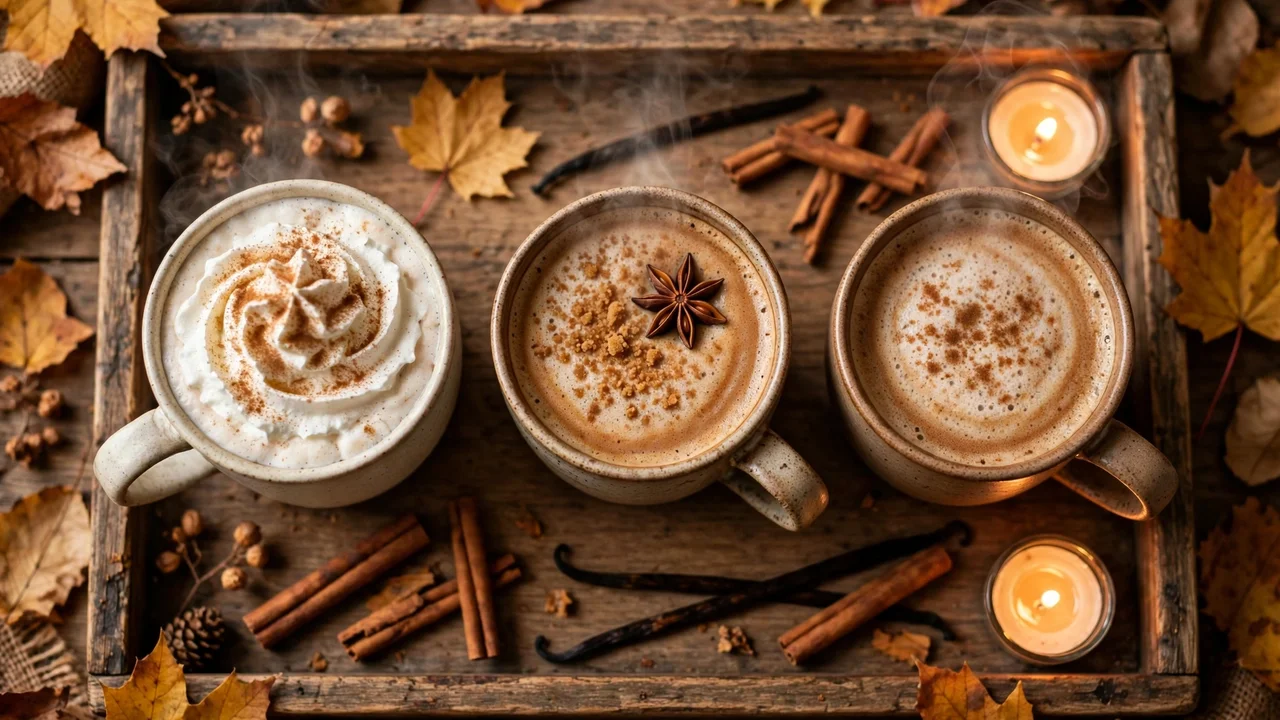Three cozy Torani Thanksgiving drinks: pumpkin-spice white hot chocolate, gingerbread chai latte, and brown sugar cinnamon latte