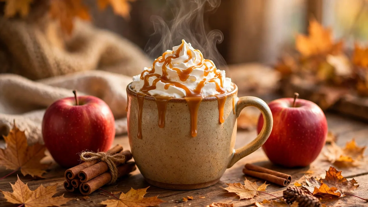 Steaming mug of caramel apple cider made with Torani Apple Syrup topped with whipped cream and caramel drizzle