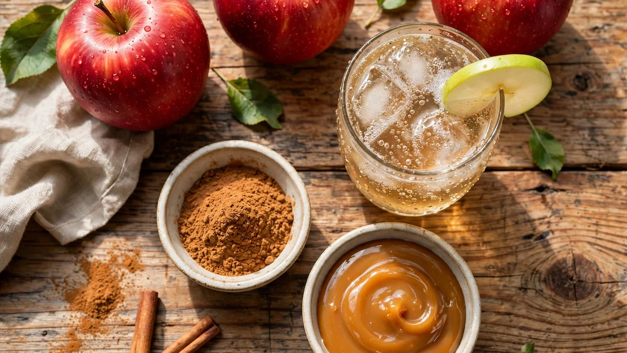 Flat-lay of fresh red apples, caramel sauce, and cinnamon next to an apple sparkling drink made with Torani Apple Syrup