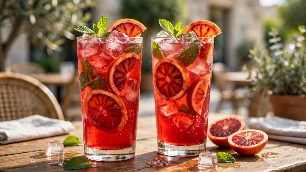 Two glasses of ruby-red blood orange Italian soda with ice, mint, and blood orange slices