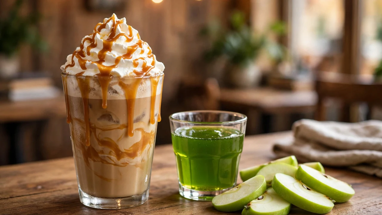 Caramel apple latte and Torani Green Apple Syrup bottle — caramel apple drinks made with green apple syrup