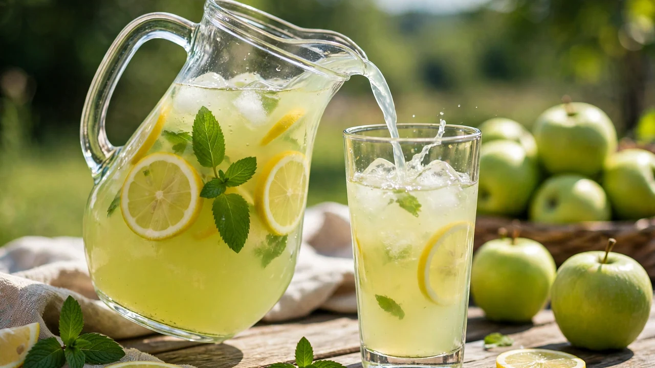 Green apple lemonade pitcher made with Torani Green Apple Syrup — green apple lemonade with lemon slices and mint