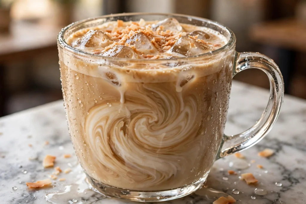 Torani Coconut Syrup: Price, Nutrition & Recipes 1 Iced coconut latte with toasted coconut flakes made with Torani coconut syrup