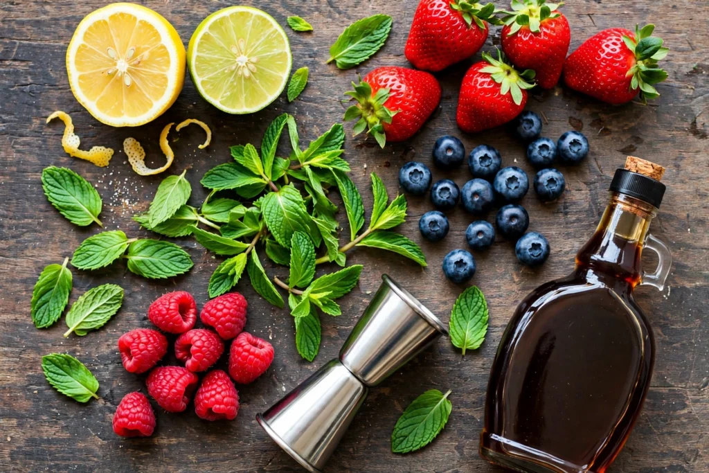 Torani Syrup for Cocktails: 7 Easy Recipes 1 Overhead flat lay of Torani syrup cocktail ingredients including citrus, mint, berries, and a jigger
