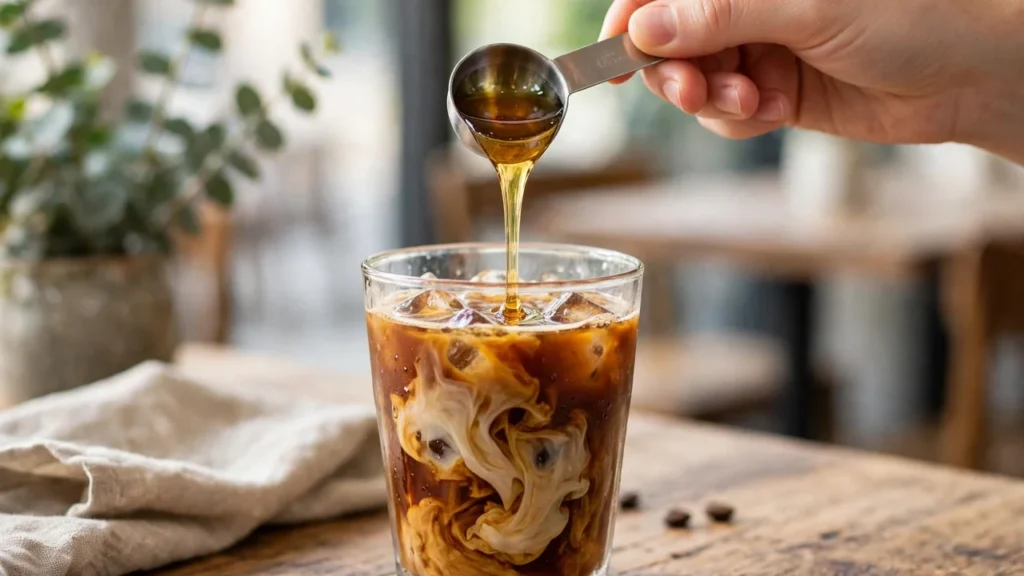 Measuring Torani syrup for an iced latte
