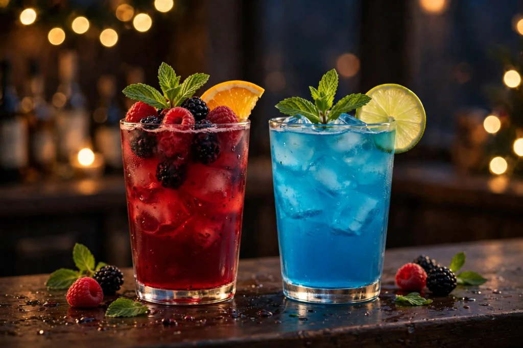 Torani Syrup for Cocktails: 7 Easy Recipes 2 Two finished Torani syrup cocktails, one berry red and one bright blue, garnished with mint and citrus