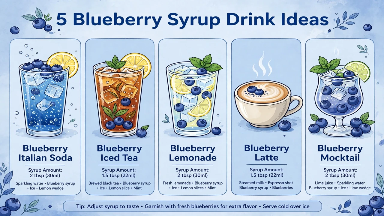 Torani Blueberry Syrup: Taste, Nutrition & Recipes 2 Five Torani blueberry syrup drink ideas: blueberry Italian soda, blueberry iced tea, blueberry lemonade, blueberry latte, and blueberry mocktail with syrup amounts for each