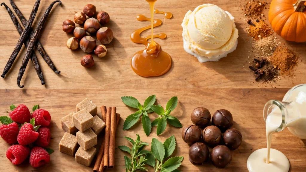 Ten most popular Torani syrup flavors represented by ingredients: vanilla beans, hazelnuts, caramel drizzle, raspberries, brown sugar and cinnamon