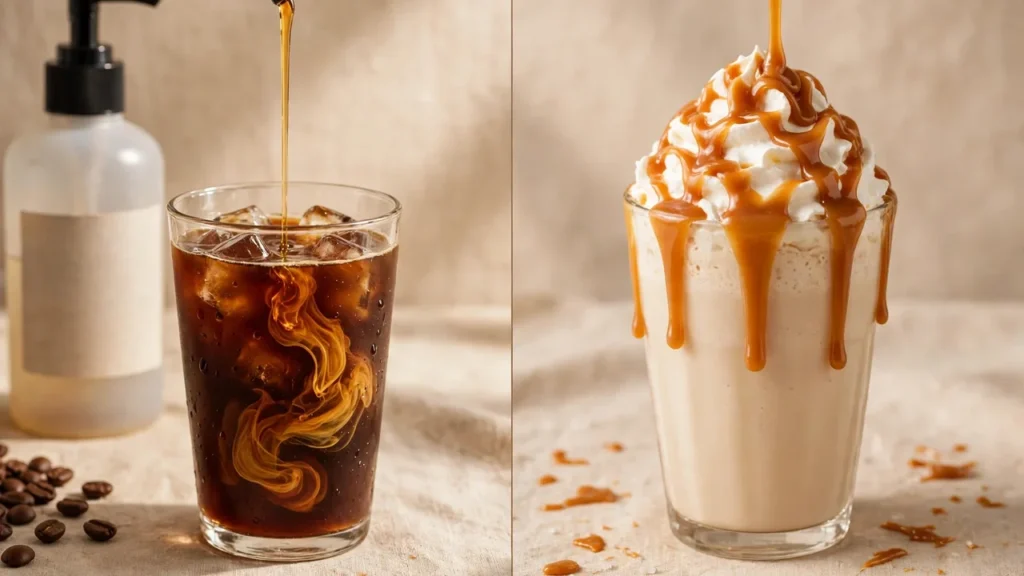 Visual comparison of Torani sauce vs syrup: thick caramel sauce for dessert toppings versus thin syrup for mixing into coffee drinks