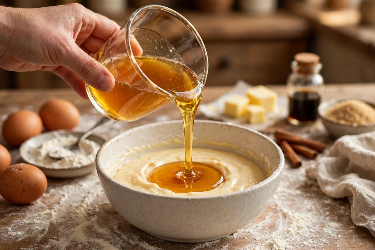 Baking with Torani Syrup: 12 Tips & Best Flavors 1 Hand pouring Torani syrup into cake batter while baking — syrup-to-sugar swap method