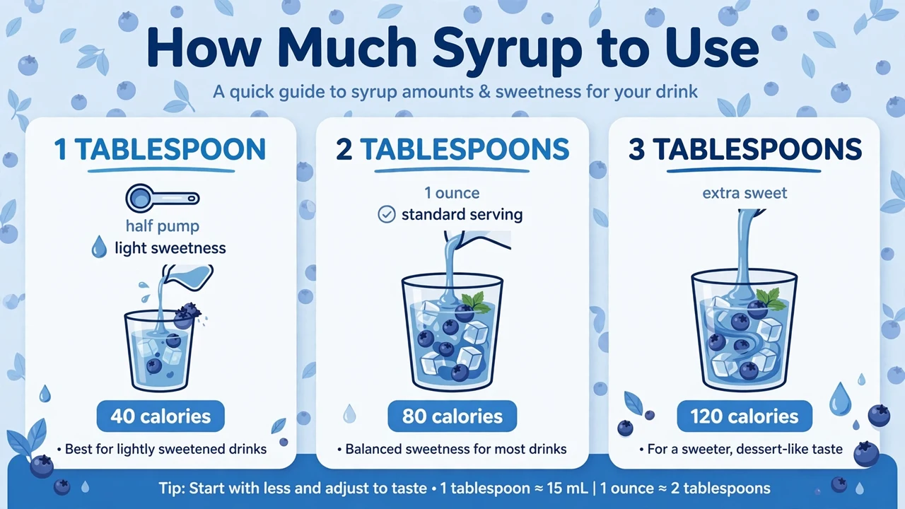 Torani Blueberry Syrup: Taste, Nutrition & Recipes 1 How much Torani blueberry syrup to use per drink: 1 tablespoon for light sweetness at 40 calories, 2 tablespoons standard at 80 calories, 3 tablespoons extra sweet at 120 calories